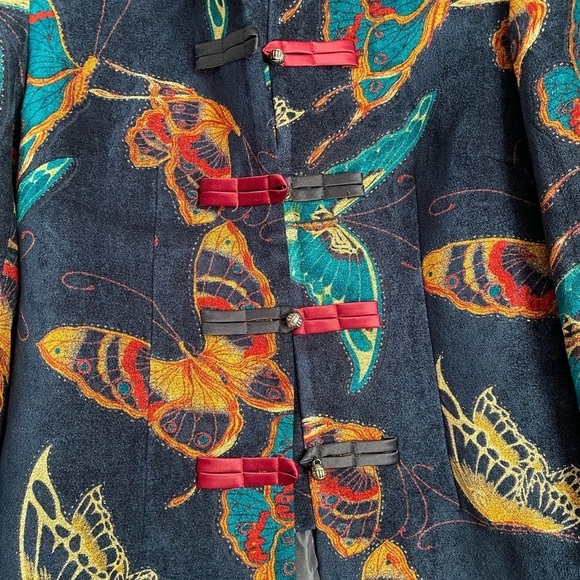 Butterflies Print Jacket Blazer Lining Chinese Buttons and Round Neck Collar - Picture 4 of 9